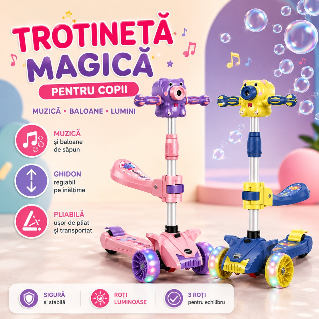Trotineta copii cu scaunel si 3 roti, muzica, baloane si lumina
