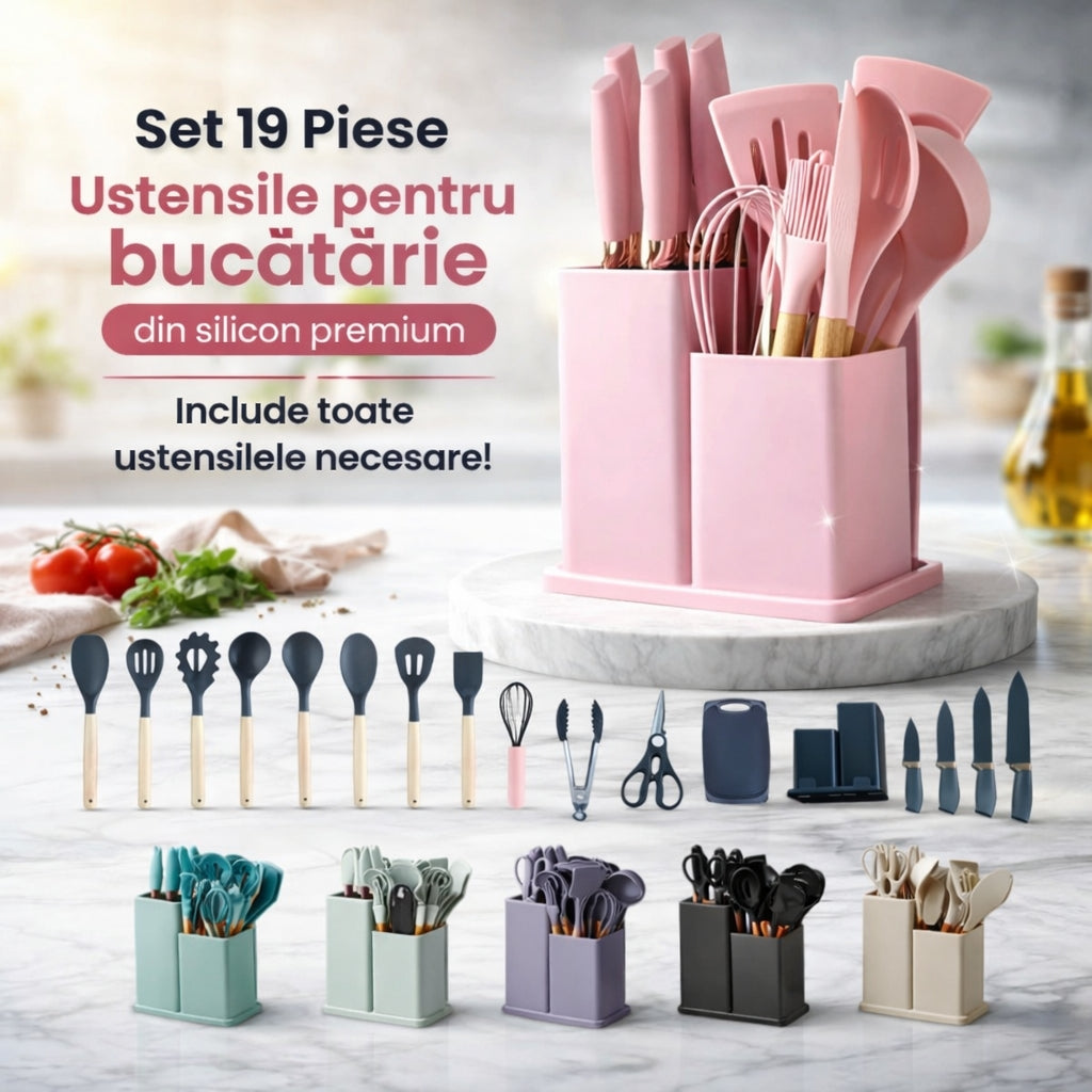 Set profesional 19 piese pentru bucătărie – silicon + inox + lemn