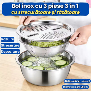 Bol Inox cu Capac Răzătoare și Scurgător – Ideal pentru Gătit