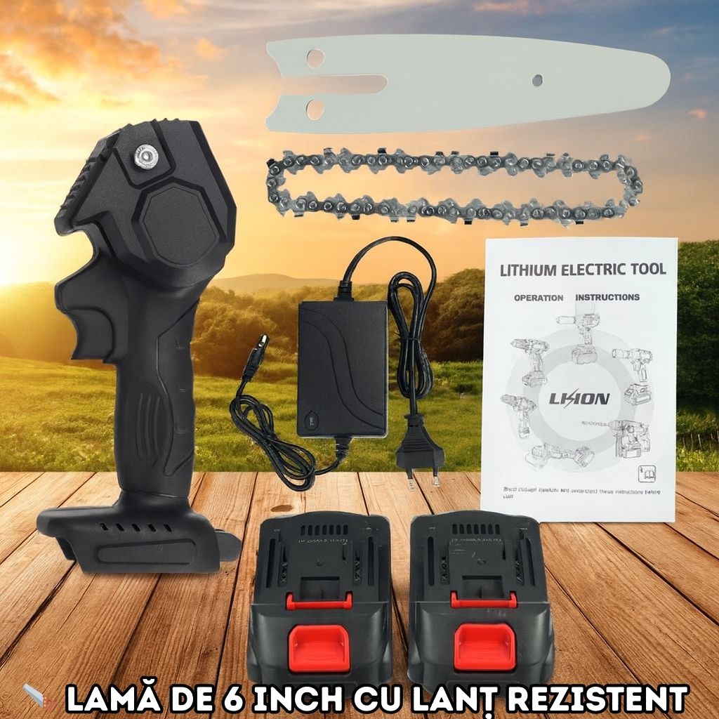 Mini-Drujba de Mână cu Lanț, 48V, 1100W – Kit Complet cu 2 Acumulatori