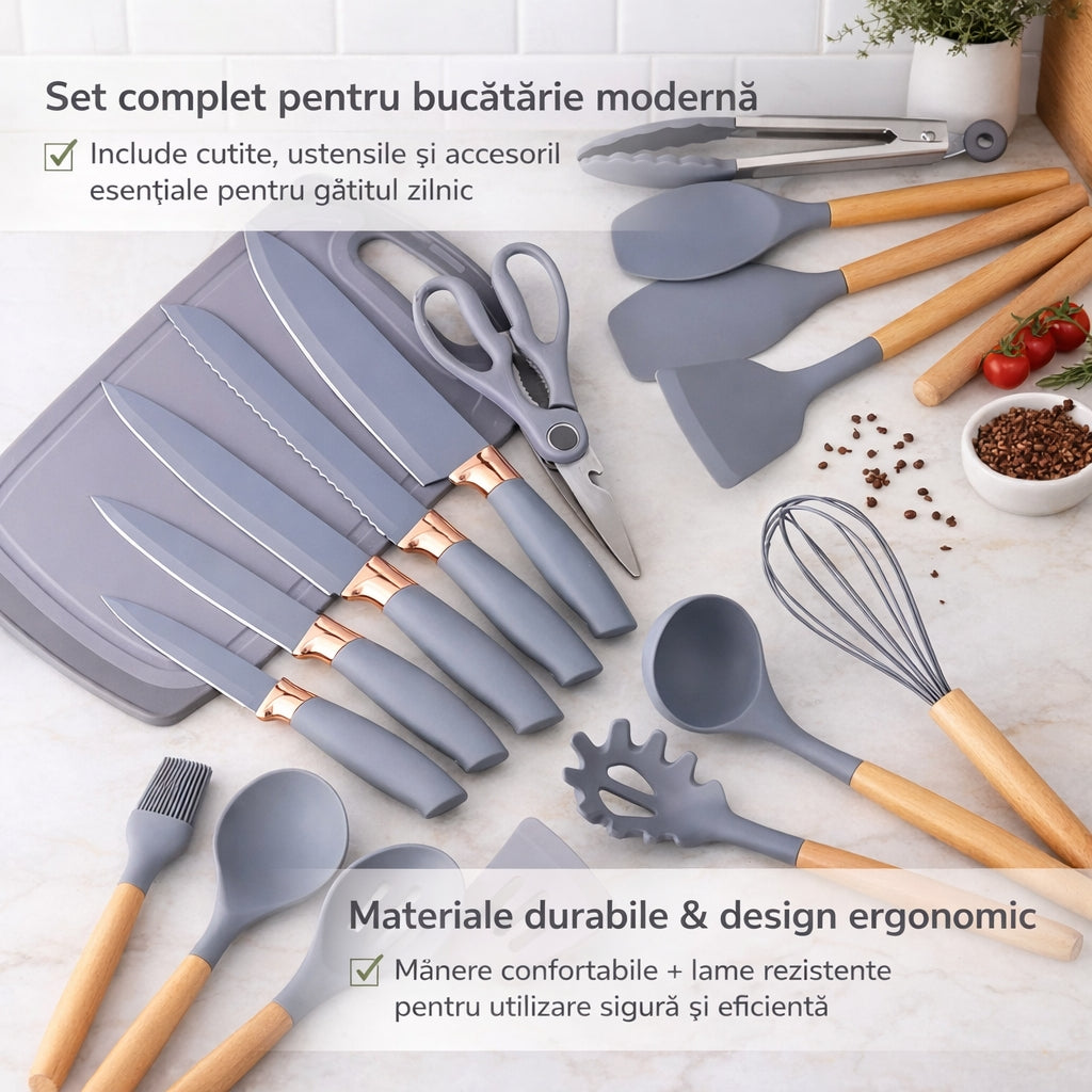 Set profesional 19 piese pentru bucătărie – silicon + inox + lemn