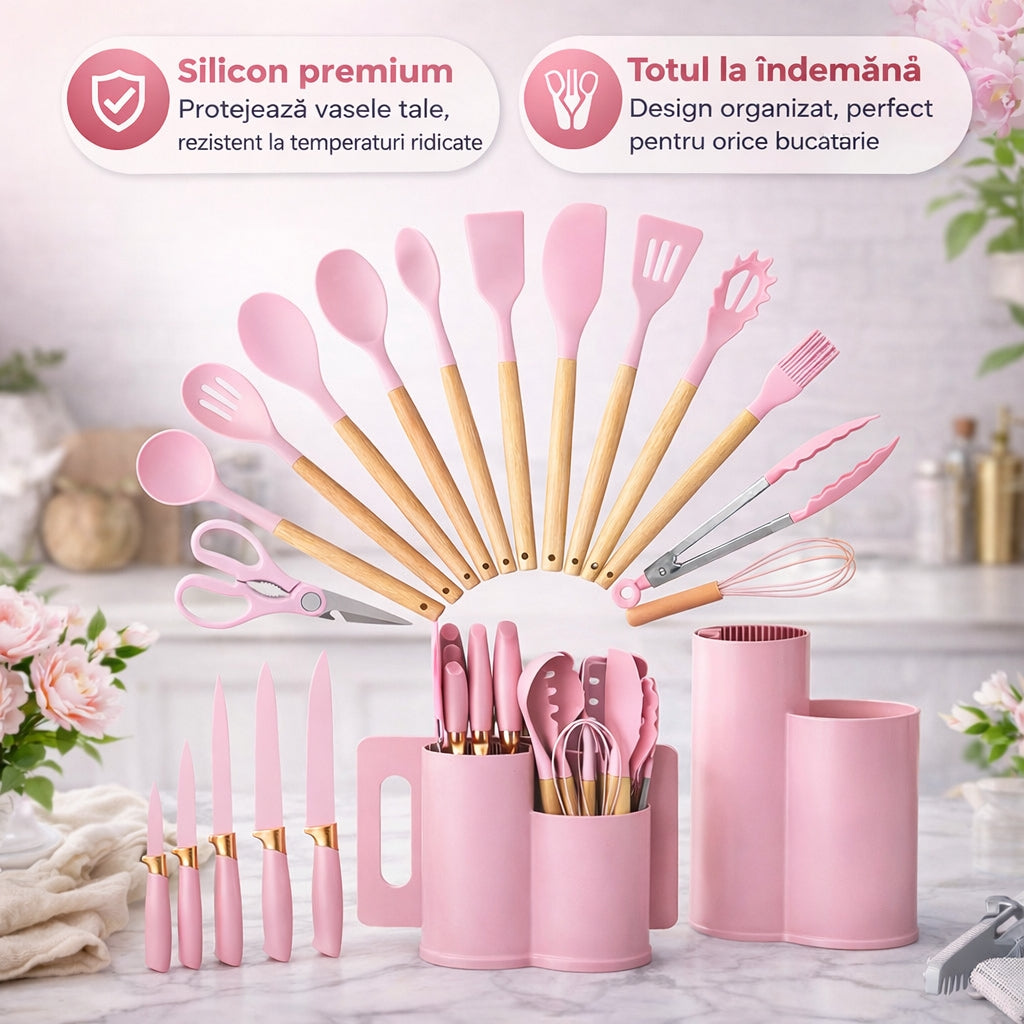 Set profesional 19 piese pentru bucătărie – silicon + inox + lemn