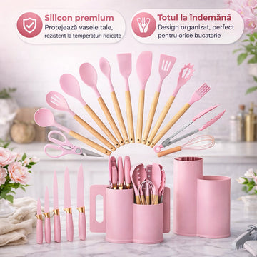 Set profesional 19 piese pentru bucătărie – silicon + inox + lemn