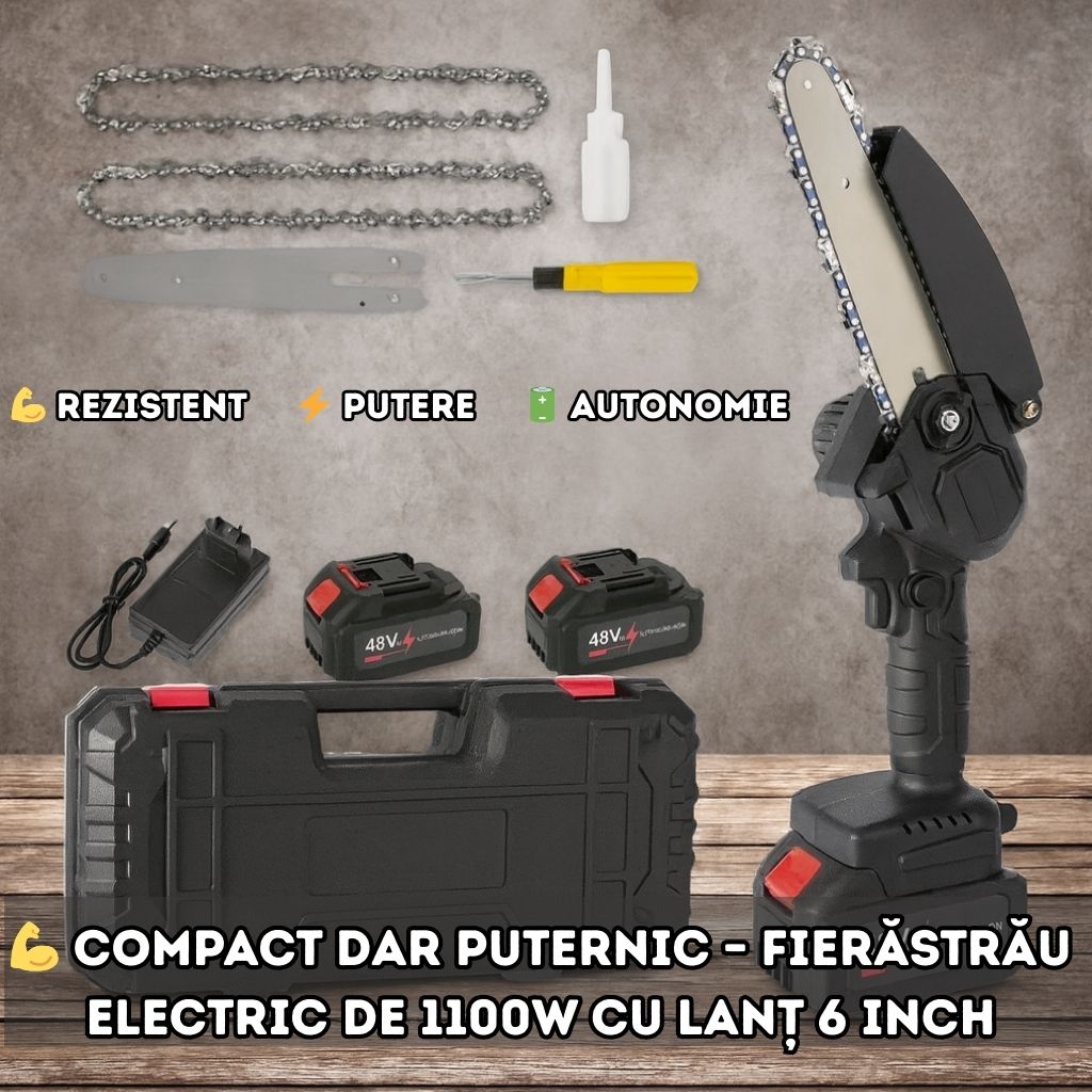 Mini-Drujba de Mână cu Lanț, 48V, 1100W – Kit Complet cu 2 Acumulatori