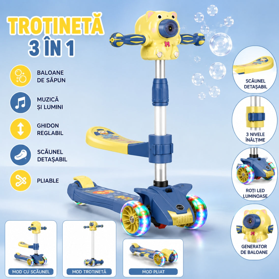Trotineta copii cu scaunel si 3 roti, muzica, baloane si lumina