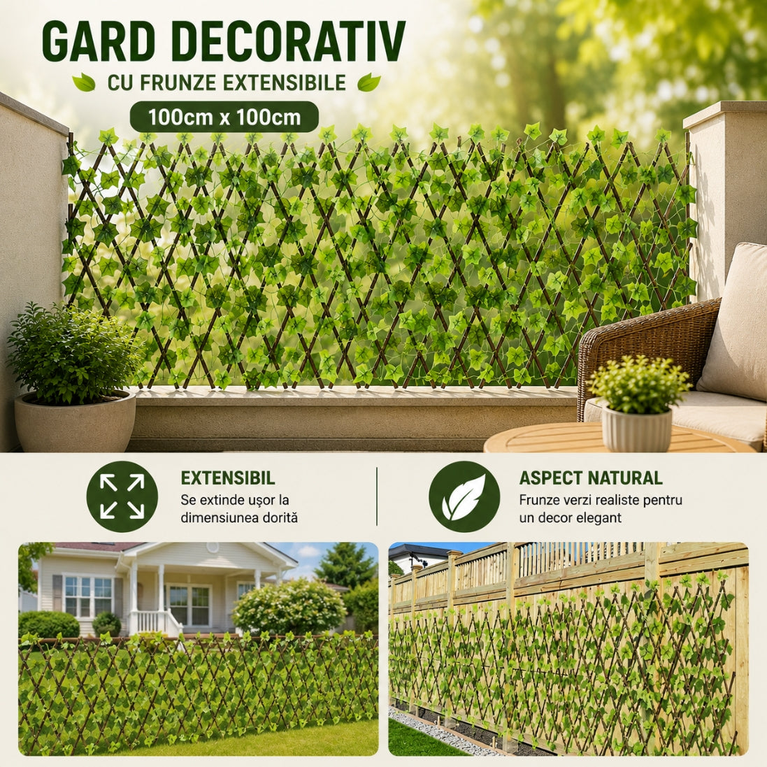 Gard Decorativ Extensibil cu Frunze – Intimitate și Eleganță pentru Curtea Ta!