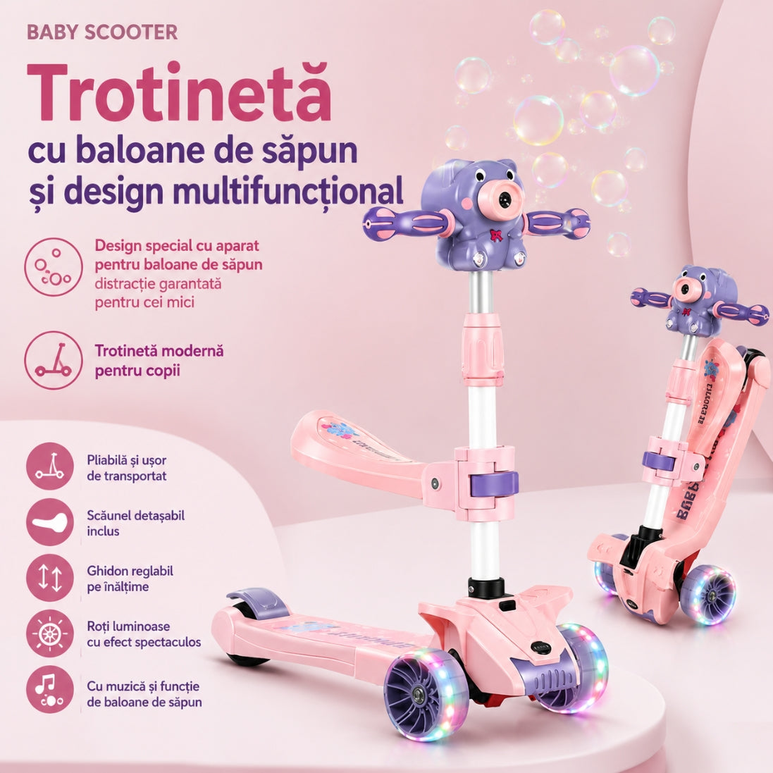 Trotineta copii cu scaunel si 3 roti, muzica, baloane si lumina