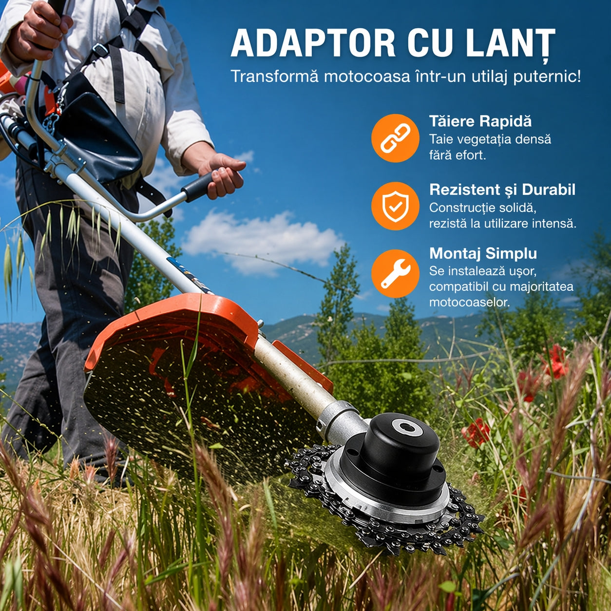 Accesoriu cu lant pentru motocoasa – Ideal pentru iarba tare si arbusti