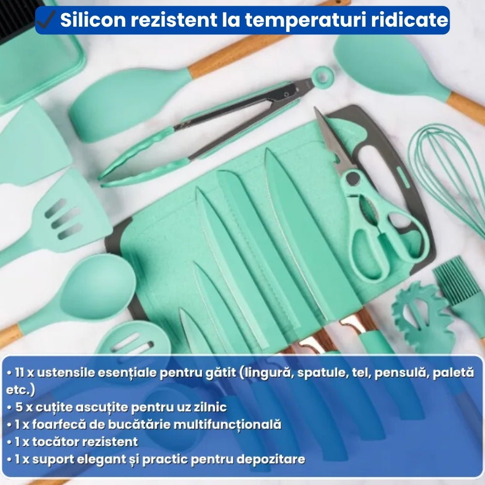 Set profesional 19 piese pentru bucătărie – silicon + inox + lemn