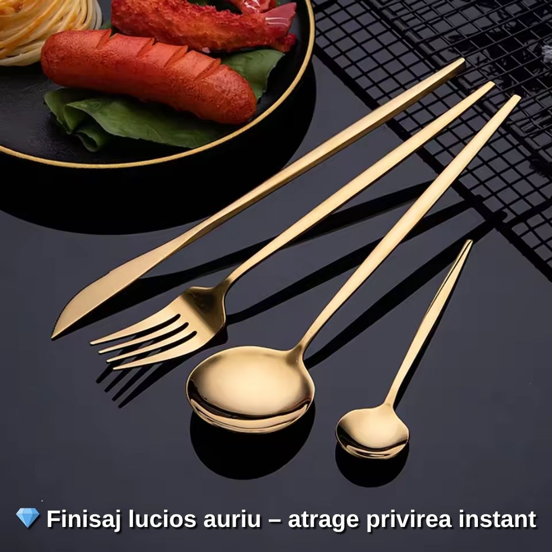 Set Tacâmuri Aurii 24 Piese – Eleganță și Răsfăț la Fiecare Masă