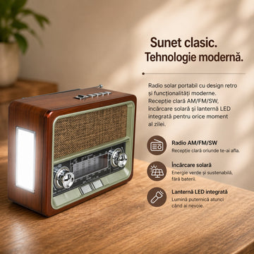 Radio FM Retro cu Încărcare Solară – Multifuncțional, USB, Lanternă
