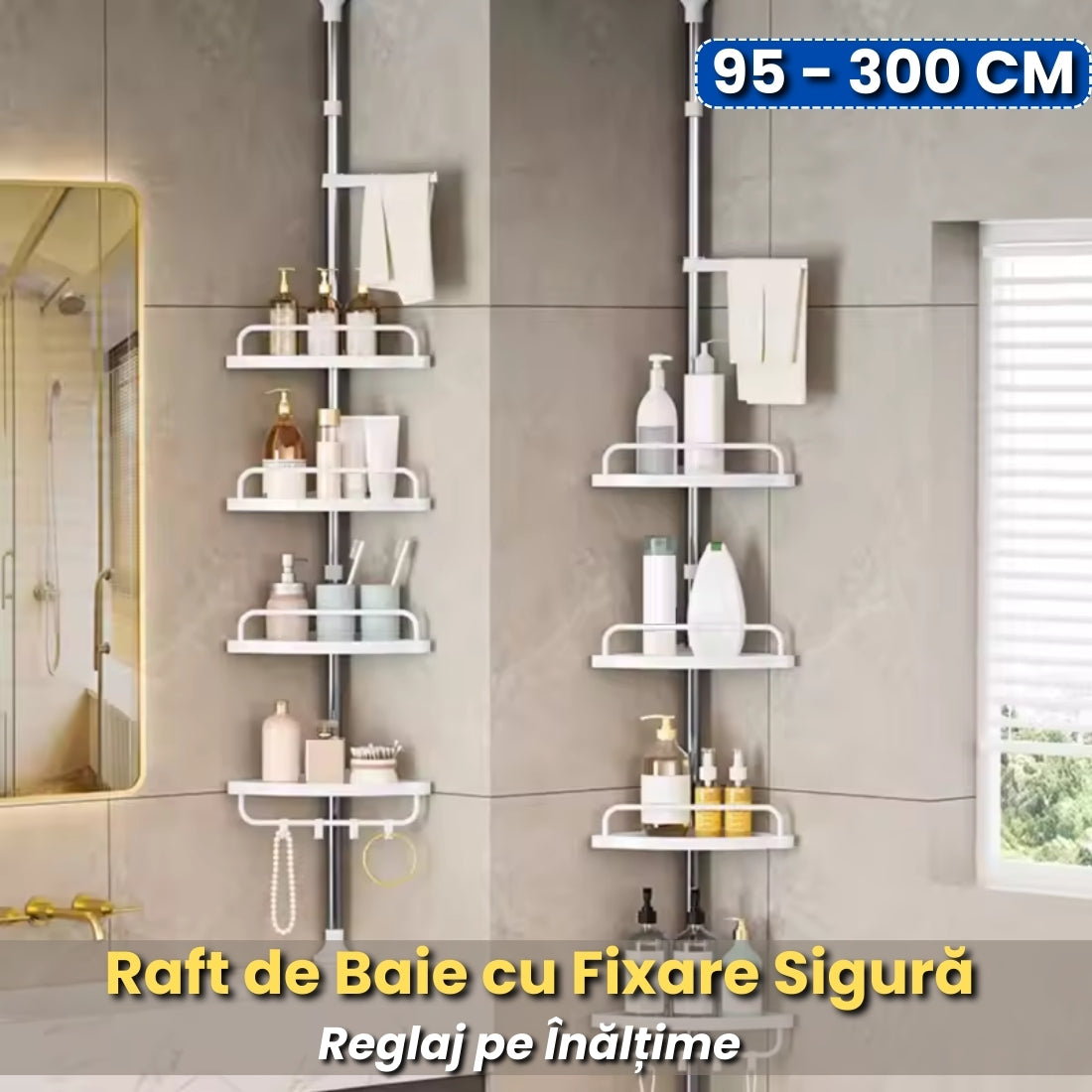 Raft Colțar Baie cu Fixare Sigură – Montaj Fără Găurire, Reglabil 95–300 cm