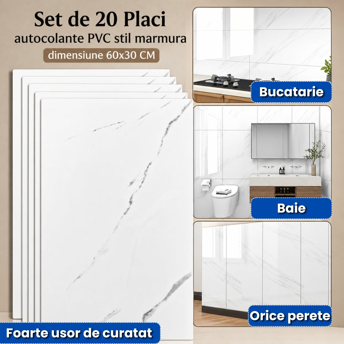 Set 20 Plăci Autocolante PVC – Imitație Marmură, 60×30 cm